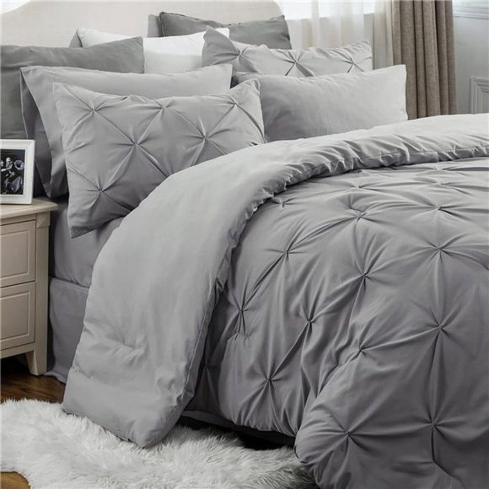 Queen Comforter Set - 7 Piece Comforters Queen Size Grey, Pintuck Bedding Sets